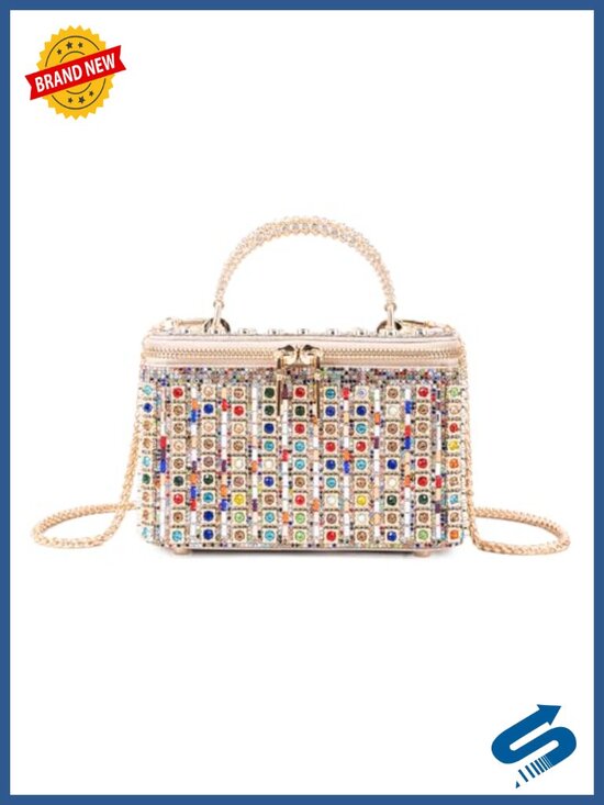 Handbags - Rhinestone Box Evening Clutch Crossbody with Detachable Chain